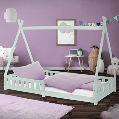Imagen de ML Design Cama Infantil Tipi Color Verde Menta 200x90 Cm Protección Anticaída Y Somier Estructura Listones De Madera Pino Maciza Forma Casa Mobiliario Juego Tienda Campaña para Niños