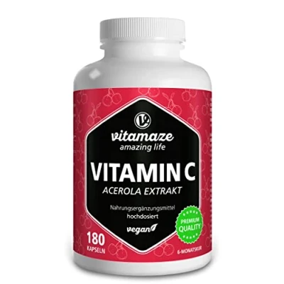 Imagen de Vitamina C Acerola de Dosis Alta, 160 mg Natural, 660 Extracto Acerola, Vegano y Óptimamente Biodisponible, 180 Cápsulas para 6 Meses, Suplemento sin Aditivos Innecesarios…