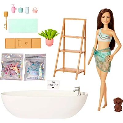Imagen de Barbie Bienestar Muñeca Morena con bañera, Confeti Que Cambia de Color el Agua y Accesorios baño, Juguete +3 años (Mattel HKT93)