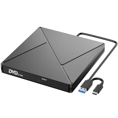 Imagen de Lector CD DVD Externo, Grabadora Unidad Externa con USB 3.0 y C, Unidades Portátil CD/DVD / RW/ROM Estable para PC/Portátiles/Windows 11/10/8/7/XP/Vista/Linux/MacOS