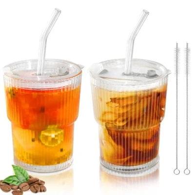 Imagen de Mozvvco Vaso de Vidrio, 2 Piezas 400 ML Vasos Vidrio con Tapa y Pajitas, Tazas Café, Agua, Pajita, Taza Agua para Jugos, Batidos