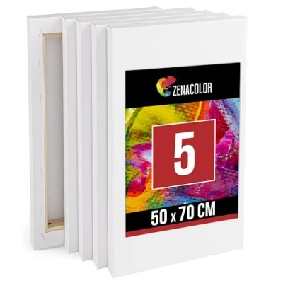 Imagen de Zenacolor Lienzos para Pintar 50x70 Set de 5 Enmarcados Tela Blanca 100% Algodón Grandes Pintura Acrilica, Oleo, Gouache y Acuarela