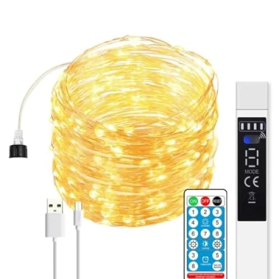 Imagen de Jandei Guirnalda Micro LED, Luces Hadas tono Luz Cálida, 20 metros, 200 Control Remoto, Temporizador, Recargable USB (batería portátil 1800MA). Decoración Interior y Exterior Fiestas, Navidad