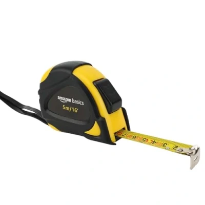 Imagen de Amazon Basics Cinta métrica con cierre automático, escala Métrico y en pulgadas, precisión MID, 5 m (Paquete de 1), Amarillo