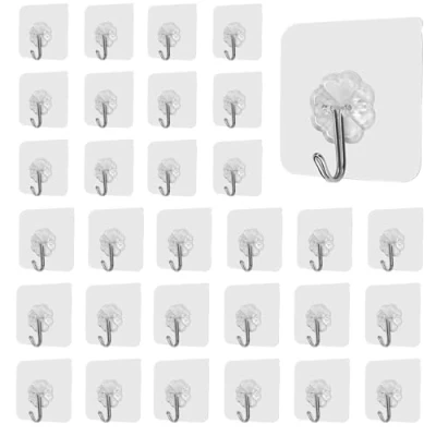 Imagen de Ganchos Adhesivos Utilitarios de Pared, 30 Piezas Reutilizables Transparentes, Autoadhesivos Impermeables y Resistentes al Aceite para Baño, Cocina, Oficina
