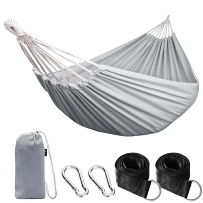 Imagen de Anyoo Hamaca de Algodón para Jardín al Aire Libre con Tela Cómoda y Correas Amigables los árboles Colgar, Duradero Portátil Bolsa Exterior/Interior, Terraza, Patio, Camping