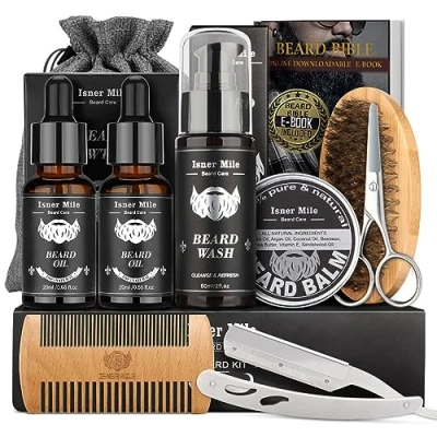 Imagen de Kit Barba Cuidado para Hombre, Kits en Cuidados Post depilación y Afeitado Con Aceite Champú Barba, Bálsamo, Cepillo, Peine Tijeras, Regalos Hombre Papá Padres