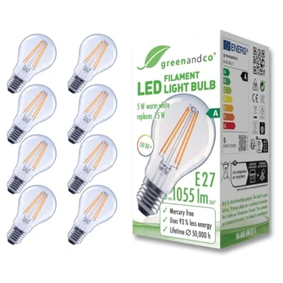Imagen de greenandco 8x bombilla de filamento LED transparente E27 A60 5W 1055lm sustituye A 75W 2700K blanco cálido 320 230V sin parpadeo clase energética no regulable