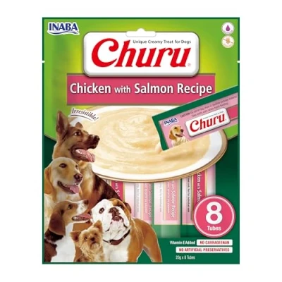 Imagen de INABA Churu puré para Perros Deliciosos Snacks en prácticas porciones, sin Cereales, Pollo y salmón (8x20g)