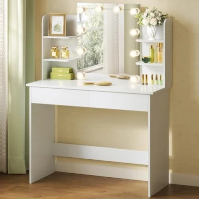 Imagen de WOLTU Tocador de Maquillaje con Espejo y 10 Bombillas LED Luz Regulable, Mesa 2 Cajones Grandes 4 Estantes, 90x40x135cm, Moderno para Dormitorio, Blanco, MB6096ws