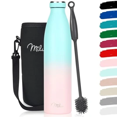 Imagen de Milu botella de acero inoxidable 350ml 500ml 750 ml 1 L 1,5 agua aislada, termo a prueba fugas, doble pared, apta para ácido carbónico + cepillo limpieza (Rosa Menta, 1L)