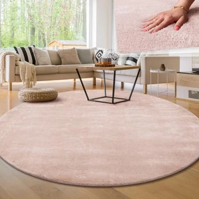 Imagen de Paco Home Alfombra para la Sala de Estar Unicolor Lavable Suave Pelo Corto, tamaño:Ø200 cm Redon, Color:Plata