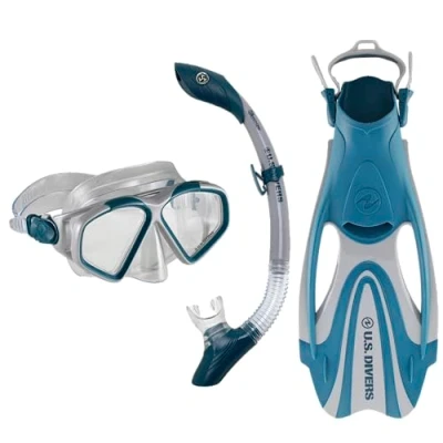 Imagen de U.S. Divers Cozumel Adult Snorkel Set Anti Fog PC Lens, Easy Adjust Mask Buckles, Dry Top Snorkel, Adjustable Fin Buckles Unisex Adult,Gris/Azul Marino, S