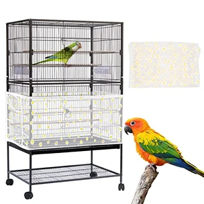 Imagen de Yepper cubierta grande para jaula de pájaros, atrapador semillas, red malla nailon suave ajustable con patrón margaritas, protector semillas loros,