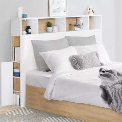 Imagen de IDMarket Cleo Cabecero de cama con pie (165 cm, almacenamiento cerrado y nichos), color blanco haya