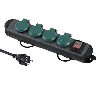Imagen de Electraline 62185 Regleta Base Multiple profesional para exteriores, 4 enchufes Schuko con enchufe IP44, cable de goma H07RN F 3G1.5 1,8 metros, Negro/Verde