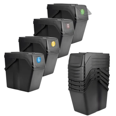 Imagen de KADAX Juego de cubos basura reciclaje plástico, cubo con tapa densa, asas móviles (negro 4 x 25 l)