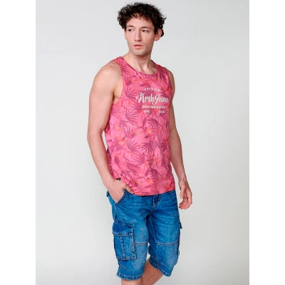 Imagen de Camiseta Sin Mangas de Algodón. Cuello Redondo. Estampado Tropical. Color Granate para Hombre