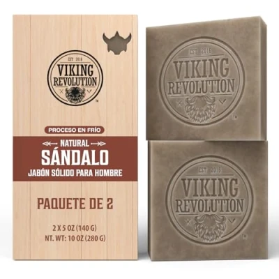 Imagen de Viking Revolution Jabon Natural Cuerpo Jabón de Sándalo con Aceites Esenciales Prensados en Frío para Hombres Aceite Coco, Karité y Almendras 2 x 140 g