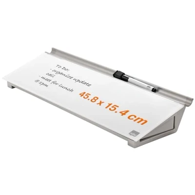 Imagen de Rexel Nobo Pizarra Blanca Portátil de Sobremesa, Superficie Cristal, Permite Secado en Seco, Sin Marco, Incluye Rotulador y Cajón Almacenamiento, Blanco Brillante, 458 x 154 mm, 1905174