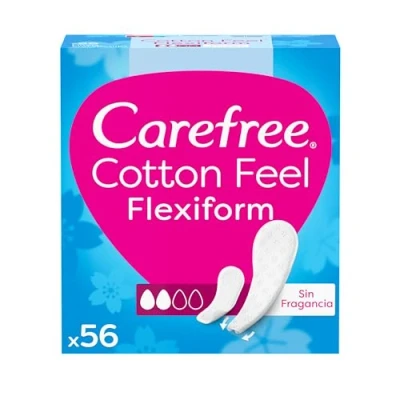 Imagen de Carefree Cotton Feel Flexiform protegeslips sin Fragancia (56 unidades), de absorbencia normal y transpirables uso diario fragancia, protege slips para todo tipo braguitas