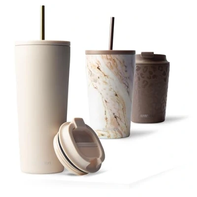 Imagen de MAMEIDO Termo Cafe con Pajita y Tapa 700ml Vaso Termico Antigoteo, Taza Termica acero inox sin BPA, para llevar (Ivory Beige, 0,7l)