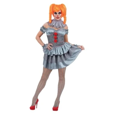 Imagen de Smiffys IT Chapter 2, disfraz de Pennywise para mujer, Minivestido, mangas, cuello con volante, puños y mallas