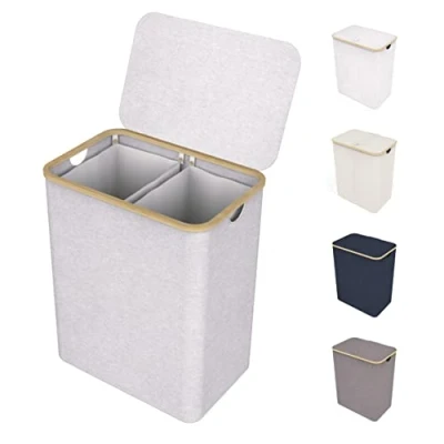 Imagen de Lonbet Cesto Ropa Sucia Gris Claro Doble de Bambú con Tapa y Bolsas Lavandería Extraíbles XXL 150 L Cesta Extra Grande 2 Secciones Clasificador Compartimentos