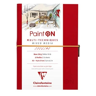 Imagen de Clairefontaine 975181C Un cuaderno cosido de papel dibujo Paint&#039;On 64 páginas blancas, 14,8 x 21 cm, 250 g, cierre elástico, tapa blanda roja