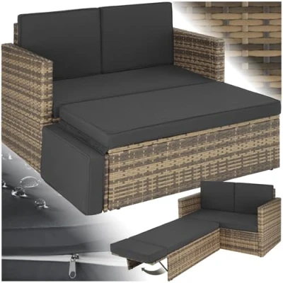 Imagen de TecTake® Sofá de Ratán con Taburete Reposapiés, Conjunto Jardín Sillón 2 Plazas, Mueble Exterior Cojines Gruesos, Terraza Resistente a la Intemperie y Estructura en Acero Natural