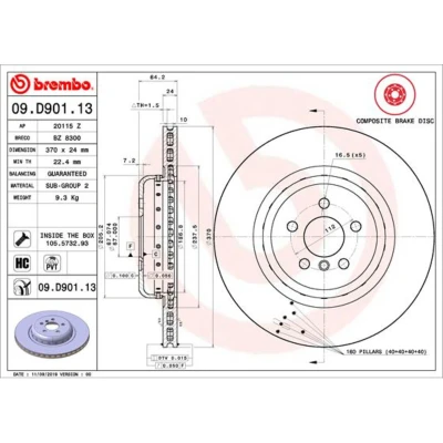 Imagen de BREMBO 09.D901.13 disco de freno 370 24 5 ventilación interna, dos piezas revestido altamente carbonizado con tornillos