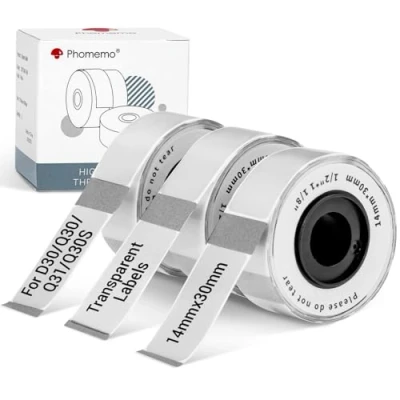 Imagen de Phomemo D30 Q30S Etiquetas, Etiquetas Autoadhesivas Transparente de 14 x 30mm para Impresora Q30S, Q31, D30, 210 Etiquetas/por Rollo, 3 Rollos