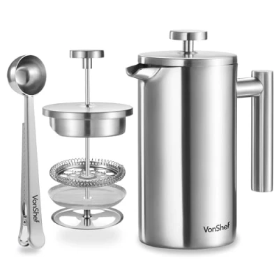 Imagen de VonShef Cafetera Francesa de 800 ml, 6 Tazas Manual Acero Inoxidable Doble Pared con Cuchara Medidora y Clip 2 en 1 Émbolo Apta para Lavavajillas