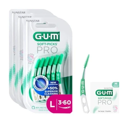 Imagen de GUM SOFT PICKS PRO palillos interdentales forma curvada para facilitar el acceso a zonas complicadas acción suave las encías sensibles [L 3x60] (+1 muestra extra)