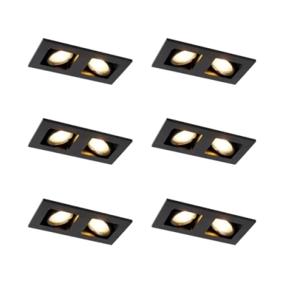 Imagen de Qazqa Juego de 6 Foco empotrado negro rectangular 2 luces QURE Aluminio Adecuado para LED Max. x 50 Watt