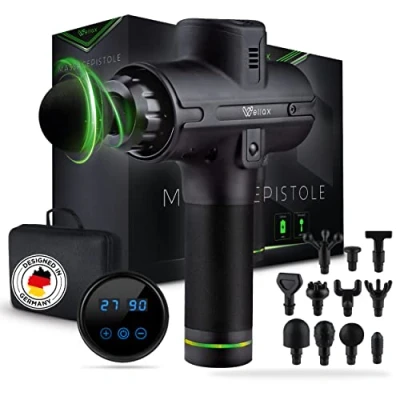 Imagen de Pistola de masaje Wellax Potente con 11 cabezales [2600 mAh] pantalla LED y bolsa transporte Hombros cuello