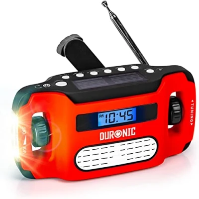 Imagen de Duronic Apex Radio Am FM Portátil Pequeña Recargable Linterna Carga Solar USB o Manivela Dinamo Conector Auriculares y Alarma Pantalla Digital Retroiluminada Emergencias Camping Senderismo