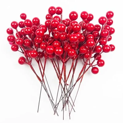 Imagen de 24 tallos de bayas rojas para Navidad, color burdeos artificiales, rojas, ramas árbol manualidades, bodas (24 bayas)