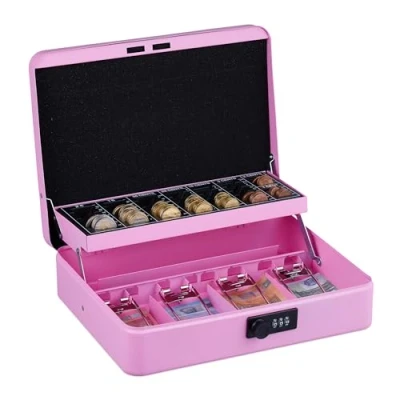 Imagen de Relaxdays Caja Dinero, Combinación 3 Números, Bandeja para Monedas, Cajita Hierro, 8,5 x 30,5 25 cm, Rosa, Acero