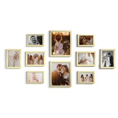 Imagen de SONGMICS Marcos de fotos, Juego 10, Dos 20 x 25 cm, Cuatro 13 18 10 15 PS y MDF, Protección Plástico, Dorado Pálido RPF310A01