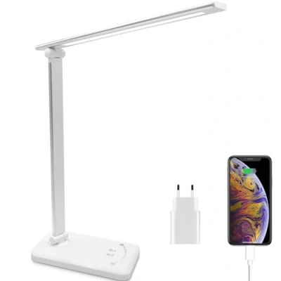Imagen de Lámpara Escritorio LED, USB Flexo de Mesa Infantil con 5 Niveles Brillo y Modos, Temporizador 30/60min, Cuidado Ojos, Función Memoria, Luz Lectura Plegable para Estudio