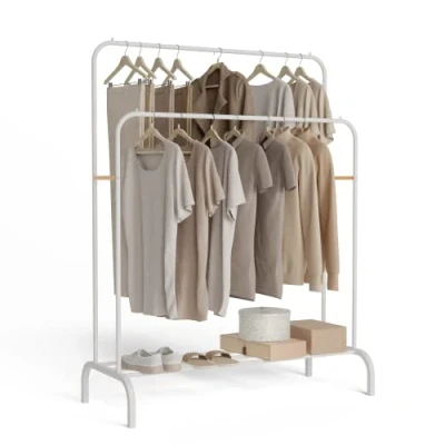 Imagen de Newlux Burro Ropa Resistente Hasta 30kg Hangy Duo 30 con Doble Altura. Perchero Metálico Gran Estabilidad Fácil Montaje Base Antirayaduras (115x50x150cm) Blanco
