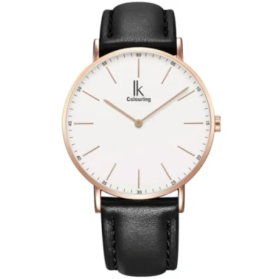 Imagen de Alienwork IK Reloj Hombre Mujer Oro Rosa Pulsera de Cuero Negro Ultra Delgada