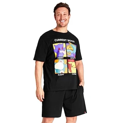 Imagen de Pokémon Pijama Hombre Verano Pikachu Adulto para Hombres y Adolescentes Corto 100% Algodón Regalos Pantalón (Negro, M)