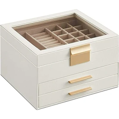 Imagen de SONGMICS Caja de Joyas, Joyero 3 Niveles, Estche Joyería, Tapa Cristal, con 2 Cajones, Gran Capacidad, Estilo Moderno, Idea Regalo, Blanco Nube JBC239WT