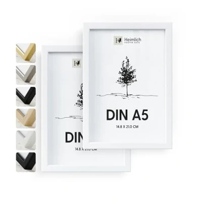 Imagen de Heimlich® 2xMarco de fotos A5 Blanco Madera marcos cuadros Vidrio Acrílico Irrompible Grano Visible Duradero Fácil Colgar Para Decoración Pared y Hogar marco