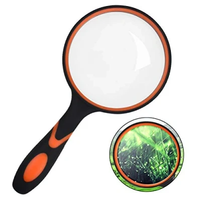 Imagen de Skyzone Lupa de lectura mano con mango goma suave antideslizante, 10 aumentos, 100 mm / 4 pulgadas, para libros, inspección, observación insectos y pasatiempos (naranja)
