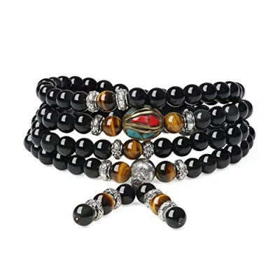 Imagen de COAI Pulsera Collar Mala 108 Cuentas de Obsidiana y Ojo Tigre