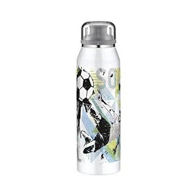 Imagen de alfi Kids ISO Bottle 500 ml, Goal, cantimplora Infantil de Acero Inoxidable, estanca con tapón Rosca, Mantiene el Calor 12 Horas y frío 24 Horas, para Bebidas Gas, sin Huellas, BPA