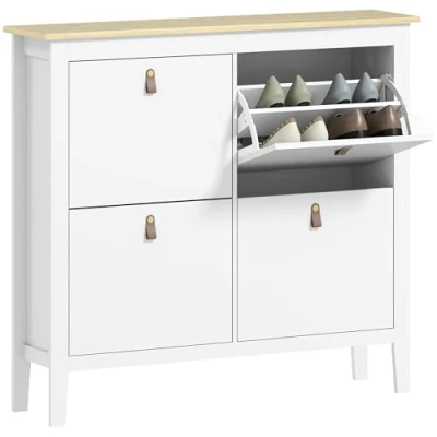 Imagen de HOMCOM Mueble Zapatero Estrecho Entrada Recibidor con 4 Cajones Abatibles Estantes Ajustables y Tiradores de PU para 20 Pares Zapatos Pasillo 105x24x95,5 cm Blanco